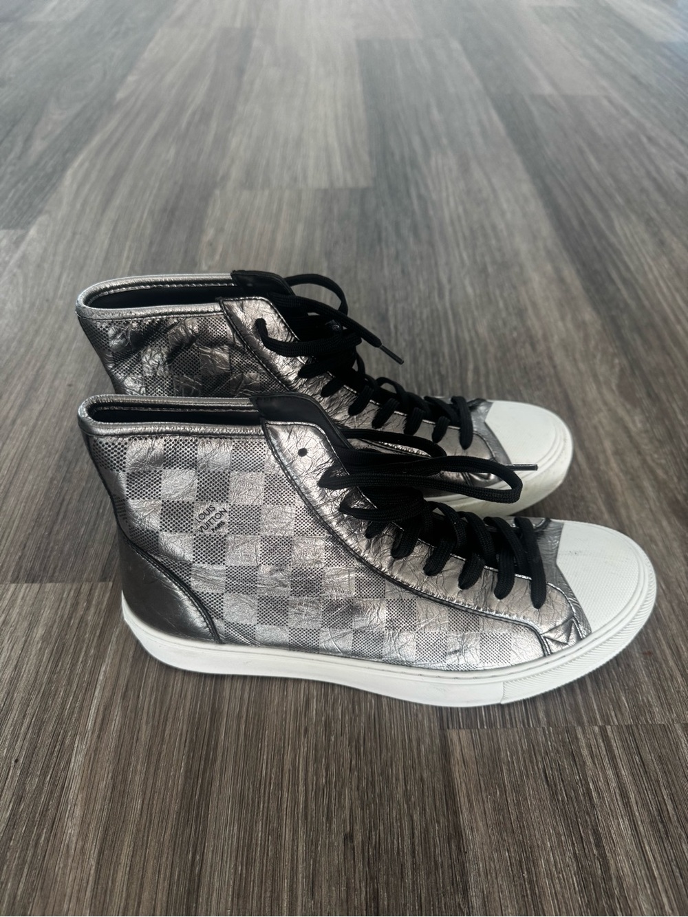 Louis Vuitton Metallic Silver Checkerboard High-Top Sneakers with Black Laces
